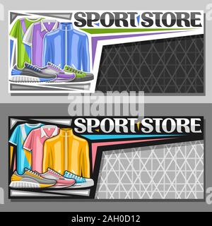Vektor Layouts für Sport Store mit Kopie Raum, Schild mit grafischer Darstellung der moderne Sport Schuhe und Kleidung für Aktivität Lebensstil, Herkunft Stock Vektor