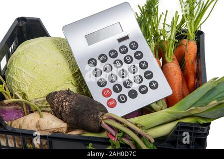 Die hohen Preise für Gemüse, Taschenrechner Stockfoto