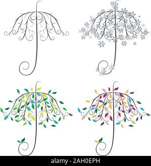 Dekorative Baum in Form der Regenschirm mit bunten Blättern. Stock Vektor