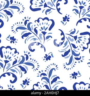 Blau Hand-Drawn Classic Chintz geblümten Vektor nahtlose Muster auf weißem Hintergrund. Folk Blumen monochromen Hintergrund Stock Vektor