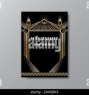 Art déco-elegante Seite Schablone, Gatsby Stil für Web und Print, mit Mond, Sonne und Sternen vintage Muster mit geometrischen Linien. Modernes Design für invit Stock Vektor