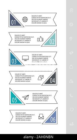 Vektor Infografik flachbild Vorlage. Form mit Symbolen für sechs Diagramme, Graphen, Flussdiagramm, Timeline, Marketing, Präsentation. Business Konzept mit 6. Stock Vektor