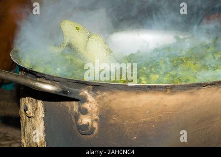 Brassica Blätter in kochendem Wasser, Wasser blasen springen aus dem Wasser. Ein lokales Gericht aus Indien und Pakistan, der berufen ist, saag sarsoon. Stockfoto