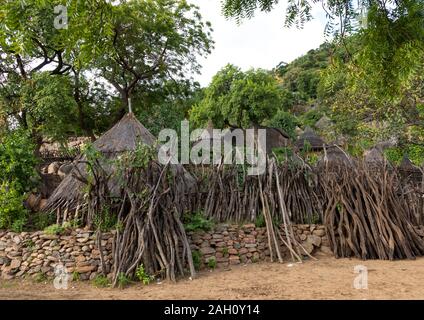 Lotuko Stamm Dorf mit reetgedeckten Häusern, Central Equatoria, Illeu, South Sudan Stockfoto