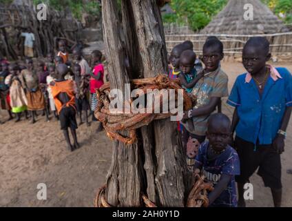 Kinder um eine Generation pole errichtet während der Initiationsriten in Lotuko Stamm, Central Equatoria, Illeu, South Sudan Stockfoto