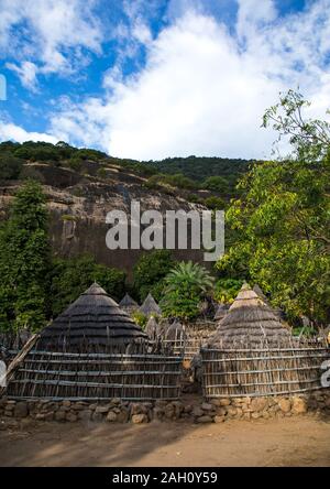 Lotuko Stamm Dorf mit reetgedeckten Häusern, Central Equatoria, Illeu, South Sudan Stockfoto