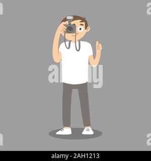 Cartoon Mann, Foto. Vektor Fotograf mit Foto Kamera. Stock Vektor