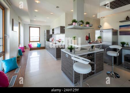 Küche in geräumigen und modernen Luxus Apartment. Einrichtung in hellen Farbtönen. Stilvolle Küche eingestellt. Stockfoto