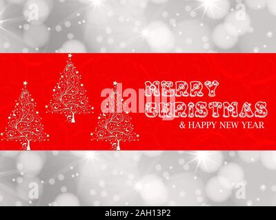 Frohe Weihnachten und guten Rutsch ins neue Jahr Grußkarte Design mit Rechteck rot Form in das Bokeh silberner Hintergrund Stockfoto