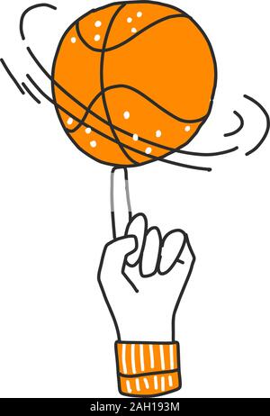 Vektor Hand zeichnen Abbildung: Basketball Ball auf einem Finger. Professionellen Basketball Spiel Trick. Rotierende Basketball auf einem Finger, Vektor Skizze gezeichnet Stock Vektor