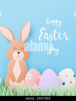Frohe Ostern Tag Hintergrund mit Häschen und Eier in Papier schneiden Stil. Digital craft paper Art. Stock Vektor