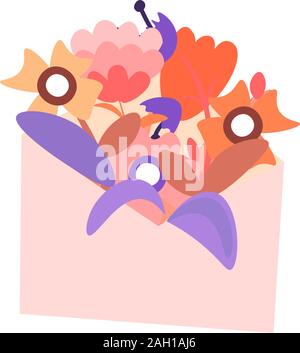 Cute cartoon Abbildung: Umschlag mit Blüten und Blättern. Mädchen feministische Ikone der Brief mit Liebe oder Freundschaft. Symbol für den Valentinstag Stock Vektor