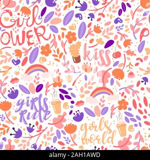 Cute cartoon feministische und floralen nahtlose Muster mit Girl Power und Mädchen die Mode Elemente. Süße Mädchen nahtlose Muster mit Lippenstift, Herz Stock Vektor