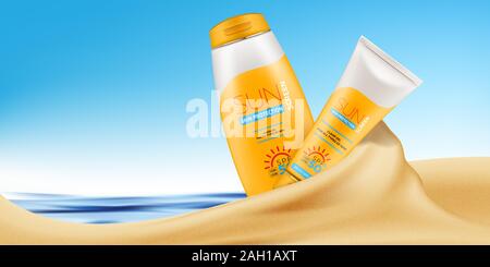 Sonnenschutz Creme Werbebanner mit realistischen 3D-Rohr, Flasche und Glas mit Gel oder Creme Stock Vektor