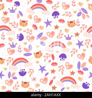 Süße Mädchen Muster mit Regenbogen, Herz, Cat, Sterne und Blumen Elemente auf weißem Hintergrund. Vor jugendlich und Baby Mädchen Muster für die Textil- und Geschenkpapier Stock Vektor
