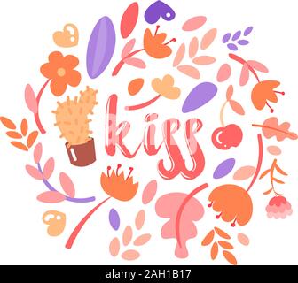 Feministische und Cute Girl Power Abbildung mit Schriftzug Kiss eingestellt. Blumen, Aufkleber, Süßigkeiten mit floralen Dekoration rund um Wort Küssen. Cute Cartoon Stock Vektor