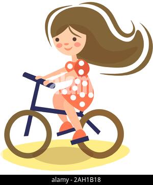 Cute Cartoon Illustration von wenig vor teeen Mädchen, Fahrradfahren. Kind reiten Fahrrad. Kind auf Fahrrad, kleine Mädchen mit dem Fahrrad auf dem Weg zur Stock Vektor