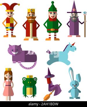 Flache Vektor einrichten Der fabelhafte Magie und Halloween Zeichen, Menschen und Tiere. Prinzessin, König, Zauberer und Hexen mit Tieren - Einhorn, Katze, Kaninchen Stock Vektor