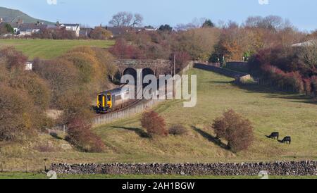 Arriva Northern Rail Class 156 Super sprinter Zug 156444 vorbei Lindle In Furness auf der Cumbrian Coast Railway Line Stockfoto
