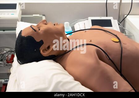 Defibrillator auf einen dummy Puppe für die Praxis. Hlw-Dummy für die Ausbildung im Krankenhaus. Erste Hilfe Kurs für Studierende der Medizin Stockfoto