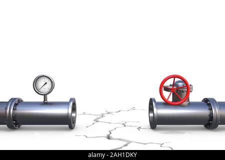 3D-Illustration: Zwei unverbundene Pipeline Fragmente mit einem tiefen Riss zwischen ihnen. Stahl Gasleitung mit rot Ventil und Manometer. Stockfoto