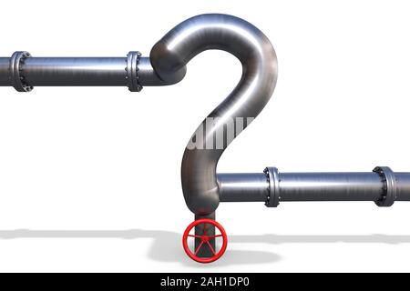3D-Illustration: Stahl Gasleitung in der Form eines Fragezeichens mit dem Ventil Rot auf weißem Hintergrund. Probleme der Bau der Pipeline Stockfoto