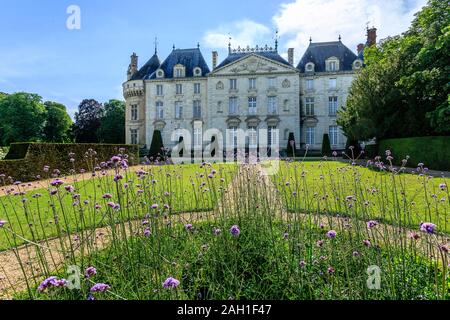 Frankreich, Maine-et-Loire, Loire Tal, Le Lude, Chateau du Lude Gardens, Schloss Fassade und der Jardin de l'Eperon mit Vervain (Eisenkraut bonarien von Buenos-Aires Stockfoto