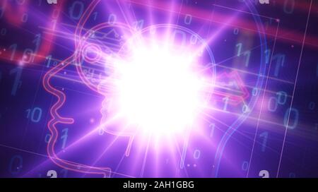 Futuristische cyber Datenschutz Schlüssel in Kopf futuristische 3D Rendering Illustration. Konzept der Verschlüsselung, Kodierung, ai, Digital Mind und private Daten Sicherheit. Stockfoto