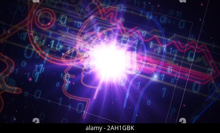 Futuristische cyber Datenschutz Schlüssel in Kopf futuristische 3D Rendering Illustration. Konzept der Verschlüsselung, Kodierung, ai, Digital Mind und private Daten Sicherheit. Stockfoto