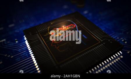 Futuristische cyber Datenschutz Schlüssel in Head 3D Illustration dargestellt. Konzept der Verschlüsselung, Kodierung, ai, Digital Mind und private Daten Sicherheit. Abstrakte dig Stockfoto