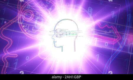 Futuristische cyber Datenschutz Schlüssel in Kopf futuristische 3D Rendering Illustration. Abstrakte Digitale intro Hintergrund. Konzept der Verschlüsselung, Kodierung, ai, Ziffer Stockfoto