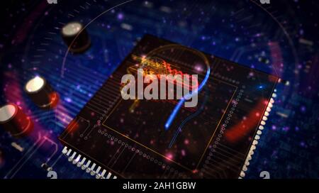 Futuristische cyber Datenschutz Schlüssel in Head 3D Illustration dargestellt. Konzept der Verschlüsselung, Kodierung, ai, Digital Mind und private Daten Sicherheit. Abstrakte dig Stockfoto