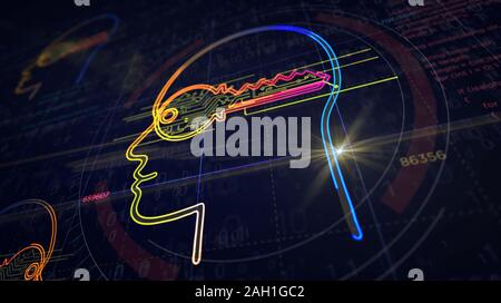Cyber Privatsphäre Projekt erstellen. Abstrakte Konzept der Verschlüsselung, Implantat, künstliche Intelligenz, kybernetische Verstand und private Daten Sicherheit 3d-illustr Stockfoto