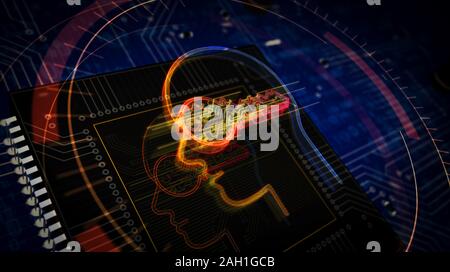 Futuristische cyber Datenschutz Schlüssel in Head 3D Illustration dargestellt. Konzept der Verschlüsselung, Kodierung, ai, Digital Mind und private Daten Sicherheit. Abstrakte dig Stockfoto