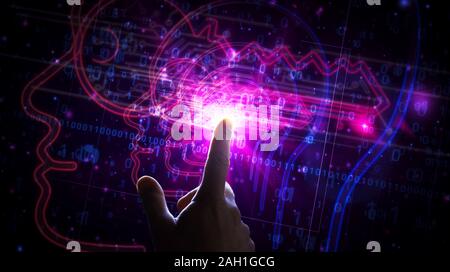 Futuristische cyber Datenschutz Schlüssel in Head 3D Rendering Illustration. Abstrakte Digitale Konzept der Verschlüsselung, Kodierung, ai, Digital Mind und private Daten secu Stockfoto