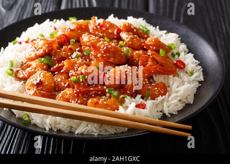 Lecker Garnelen mit Knoblauch, Chilli, Sesam und grüne Zwiebeln mit Reis in der Nähe serviert in einem Teller auf dem Tisch. Horizontale Stockfoto
