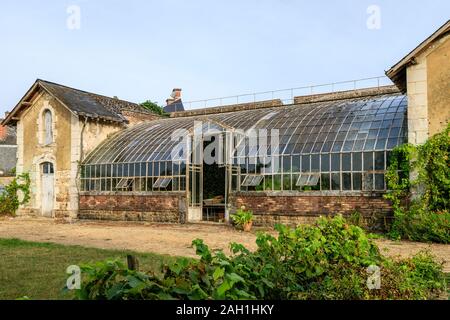 Frankreich, Maine-et-Loire, Loire Tal, Le Lude, Chateau du Lude Gardens, Gewächshaus zurück gegen schiefen im Gemüsegarten // Frankreich, Sarthe (72), vallée Stockfoto