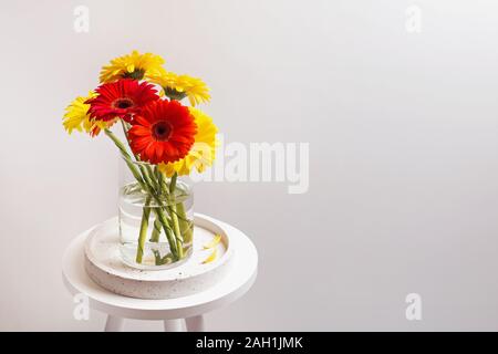 Bunter Haufen Gerbera Blumen in einer Glasvase stehen in der Nähe der weißen Wand. Minimalistische Komposition Stockfoto