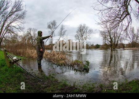 Fisherman wirft eine Schnur mit einer Angelrute am Ufer eines Flusses, der nach einem starken Regen voll ist. Die Hochwasserwarnung wurde auf eine Hochwasserwarnung entlang dieses Abschnitts des Flusses Avon erhöht, da die Grundwasserstände weiter steigen. Fordingbridge, New Forest, Hampshire, Vereinigtes Königreich, 23. Dezember 2019, Wetter. Stockfoto