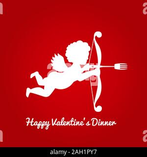 Happy Valentines Abendessen Karte mit Silhouette von Amor mit einem Pfeil. Romantisches Abendessen Illustration für Restaurant. Isolierten roten Farbverlauf Hintergrund Stock Vektor