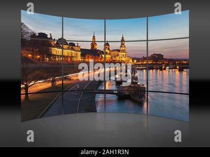 Blick auf die Elbe am Terrassenufer und Bruehls Terrasse bei Nacht, Dresden, Sachsen, Deutschland, Europa Stockfoto