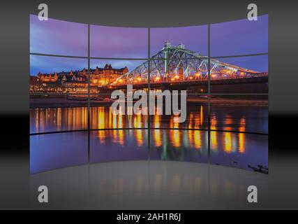 Blick über die Elbe auf die loschwitzer Elbbrücke "Blaues Wunder", und das Restaurant Schiller Garten, Dresden, Sachsen, Deutschland, Europa Stockfoto