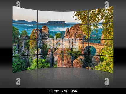 Blick von Ferdinand Stein zu den spektakulären Felsformation Bastei (Bastion) und Basteibrücke, Sachsen, Deutschland, Europa Stockfoto