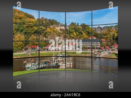 Blick über die Elbe im Kurort Rathen und die Burg Altrathen, Nationalpark Sächsische Schweiz, Sachsen, Deutschland, Europa Stockfoto