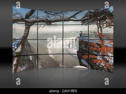 Blick von der spektakulären Felsformation Bastei (Bastei), Kurort Rathen und der Elbe, Sachsen, Deutschland, Europa Stockfoto