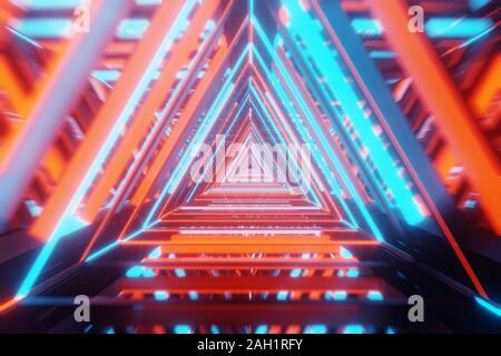 Abstrakten 3D-Raum Hintergrund Sci-Fi mit einer Perspektive der Tunnel Dreiecke Neon Licht. Weg in die Unendlichkeit. Stockfoto