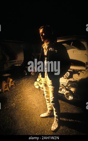 Ari Vatanen Gewinner des 1985 Rallye Monte Carlo, das Fahren eines Peugeot 205 Turbo 16. Stockfoto