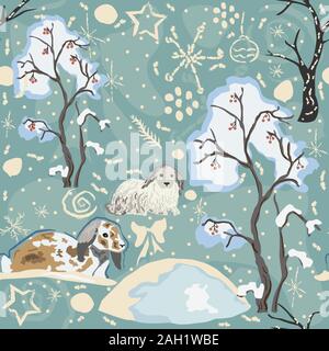 Nettes paar Häschen in gefrorenen Wald an einem kalten, aber schönen Wintertag. Kreative farbenfrohes Design mit Pastellfarben und lustige winter Bürste doodles. V Stock Vektor