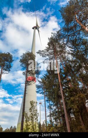 Low Angle View von Windenergieanlagen unter Pinien in einem Wald auf einem Hügel, Bayern, Deutschland. Erneuerbare Energie Konzept Stockfoto