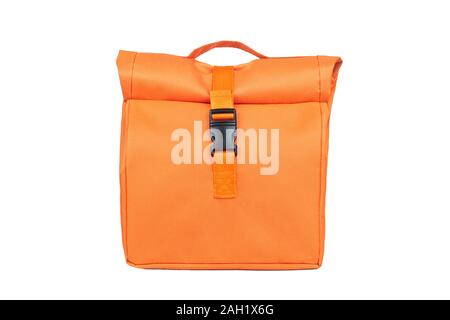 Orange Stoff Lunch Bag auf weißem Hintergrund Stockfoto
